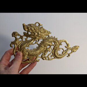 Vintage Ornate Brass Wall Hanging Chinese Dragon 9" x 5"